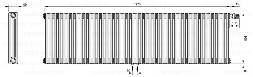 Схема (чертеж) Радиатор Zehnder Charleston 3090/43 №V008 Белый глянцевый RAL 9016